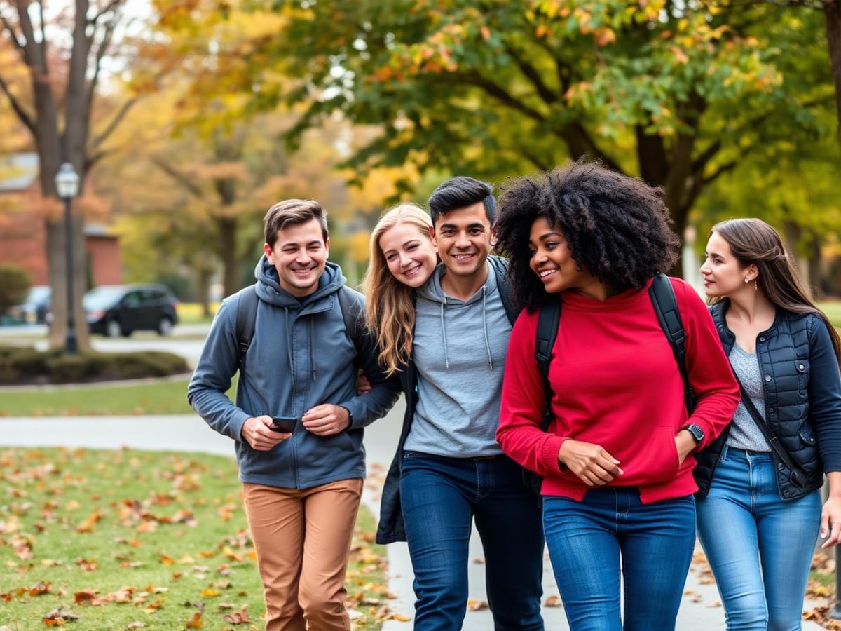 A support worker walking with young people through a leafy neighbourhood