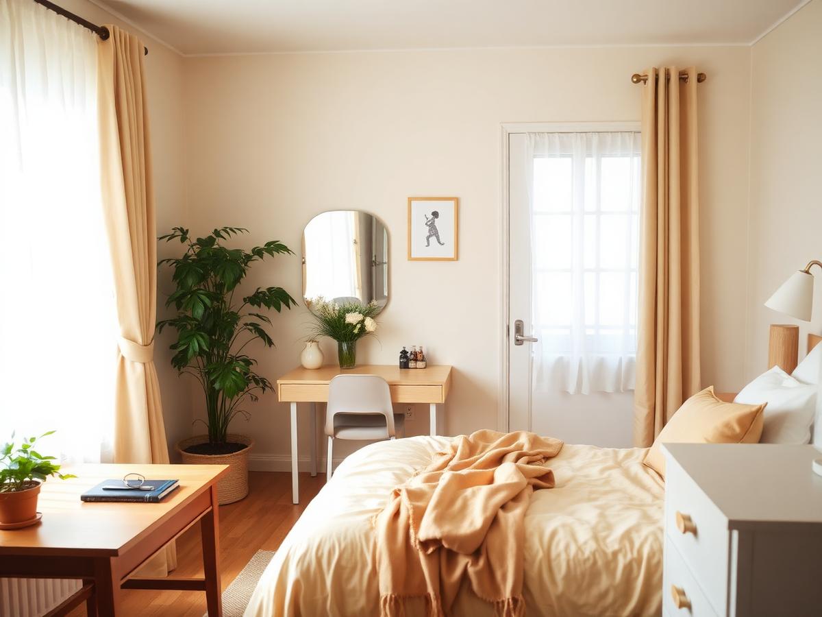 A comfortable, warmly furnished bedroom with a desk and natural light