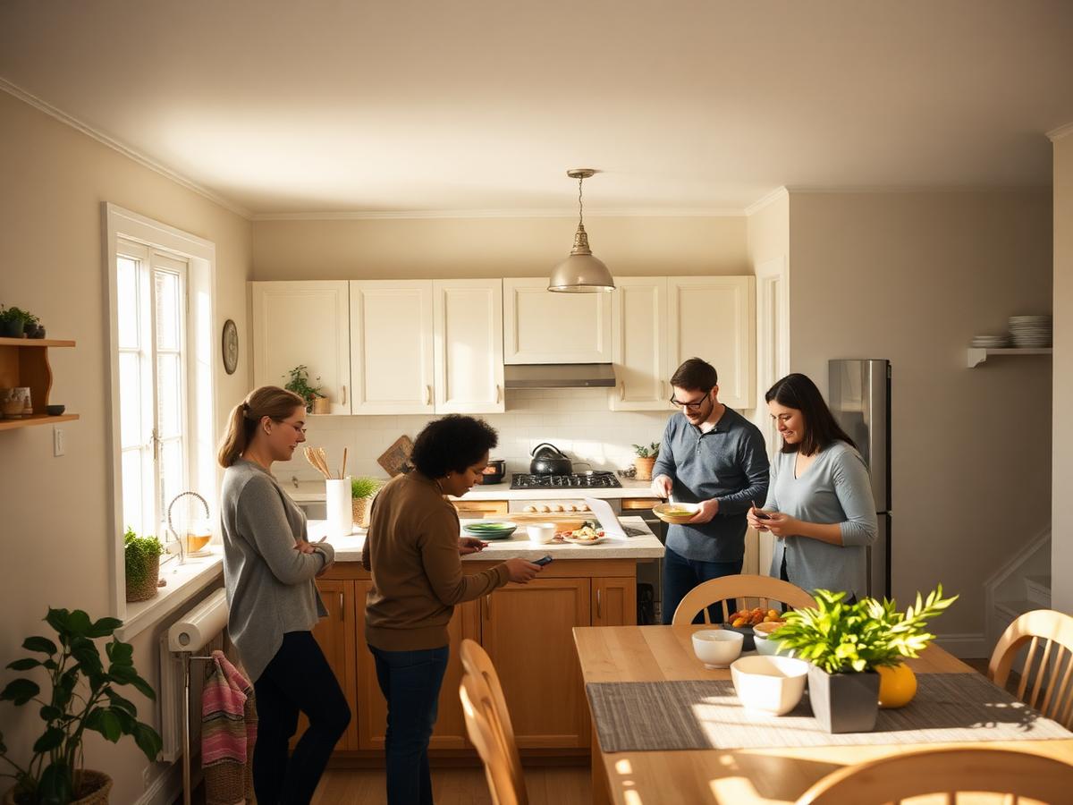 People preparing a meal together in a bright shared kitchen and dining area