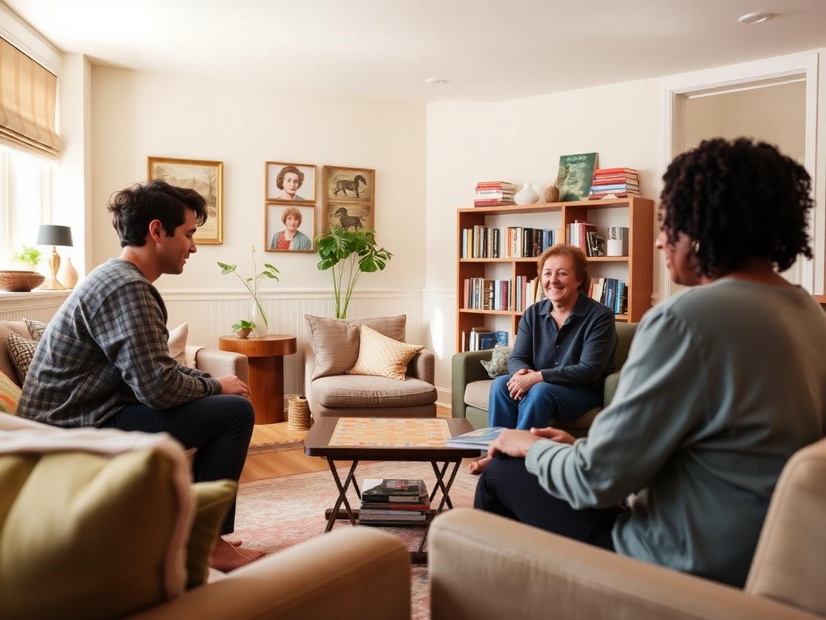 Residents and a support worker relaxing together in a comfortable shared living room